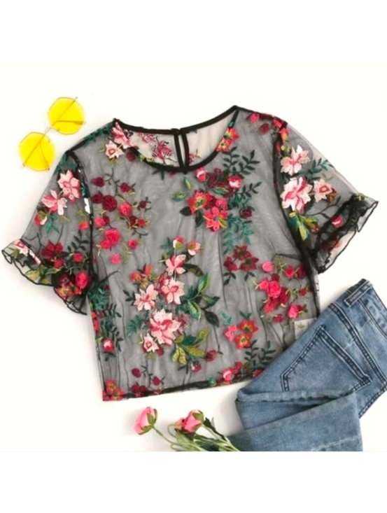 SHEIN Tops - 💙 NWOT Ruffle Cuff Embroidery Sheer Top